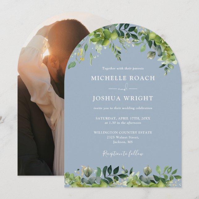 Greenery Floral Arch Dusty Blue Photo Wedding Invitation (Front/Back)