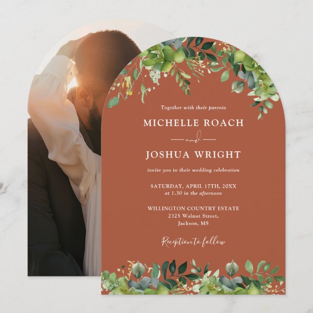 Greenery Floral Arch Terracotta Photo Wedding Invitation (Front/Back)