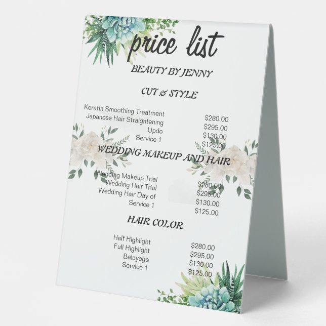 Greenery Floral Beauty Salon Price List Display Table Tent (Front)