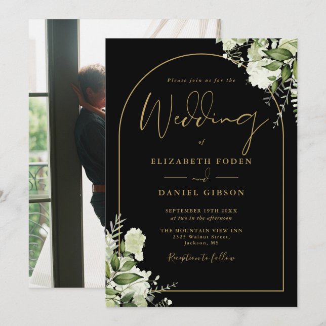 Greenery Floral Black And Gold Arch Photo Wedding Invitation (Front/Back)