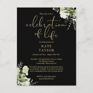 Greenery Floral Black And Gold Celebration of Life Announcement Postcard