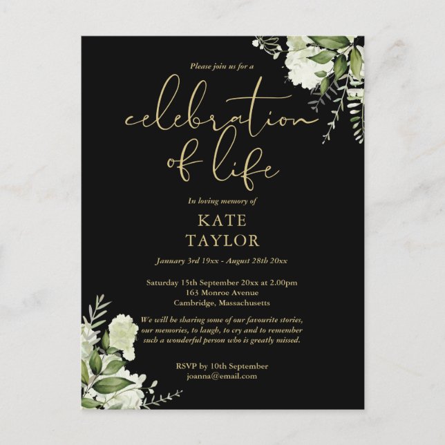 Greenery Floral Black And Gold Celebration of Life Announcement Postcard (Front)