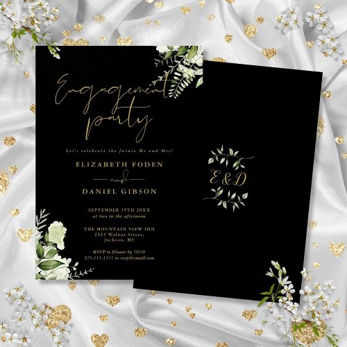 Greenery Floral Black And Gold Engagement Party Invitation