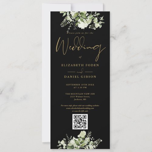 Greenery Floral Black And Gold QR Code Wedding Invitation