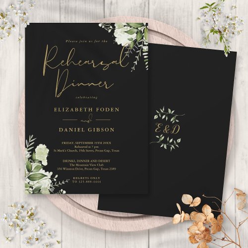 Greenery Floral Black And Gold Rehearsal Dinner Invitation