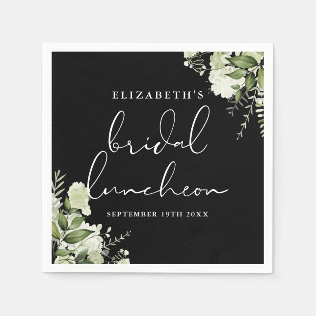 Greenery Floral Black And White Bridal Luncheon Napkins (Front)