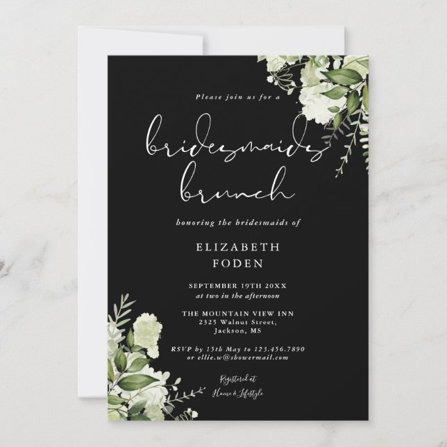Greenery Floral Black And White Bridesmaids Brunch Invitation (Front)