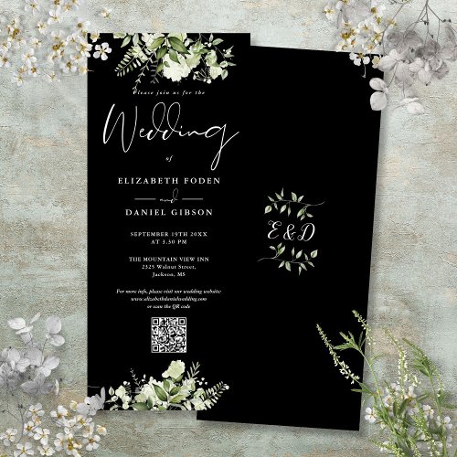 Greenery Floral Black And White QR Code Wedding Invitation