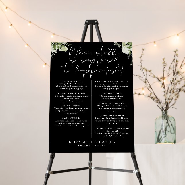 Greenery Floral Black And White Wedding Itinerary Foam Board (In Situ (Stand))