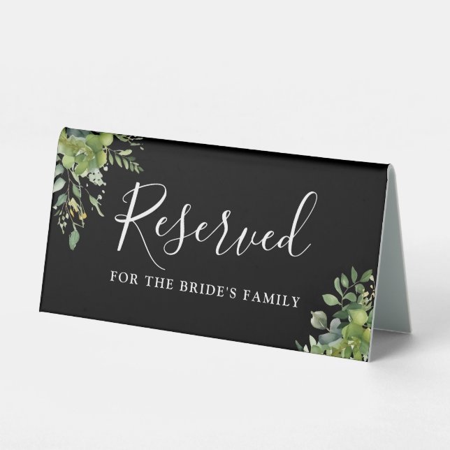 Greenery Floral Black And White Wedding Reserved Table Tent (Front)