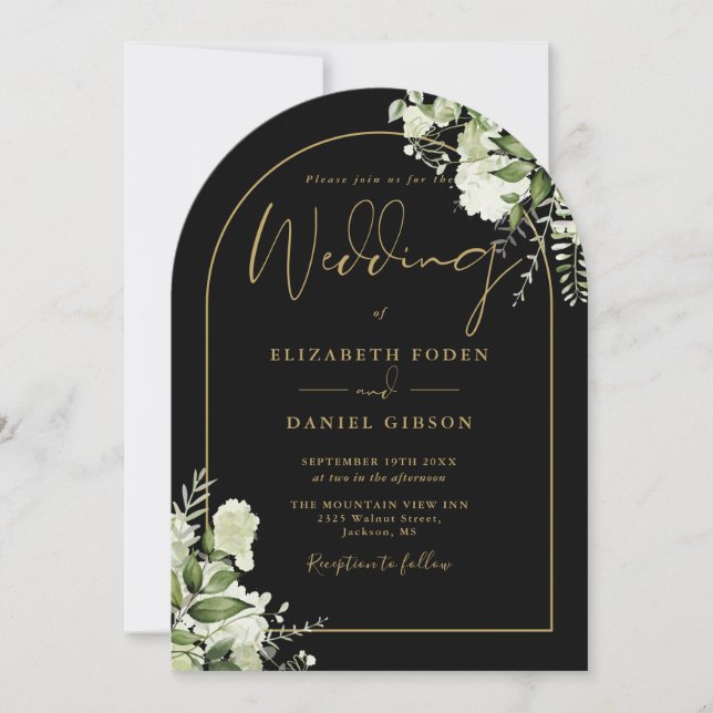 Greenery Floral Black Gold Arch Monogram Wedding Invitation (Front)