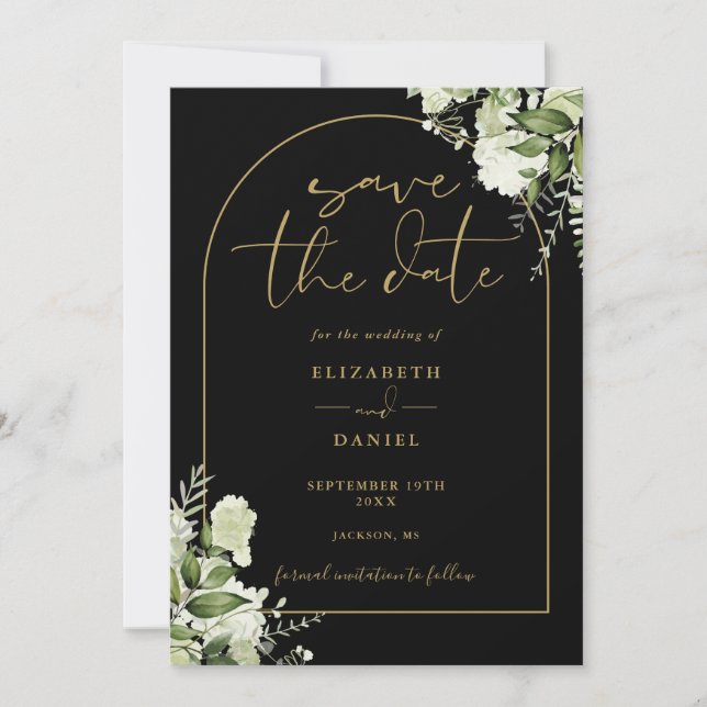  Greenery Floral Black Gold Arch QR Code Wedding Save The Date (Front)