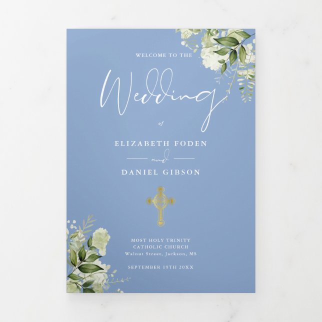 Greenery Floral Blue Catholic Wedding Mass Tri-Fold Program (Cover)
