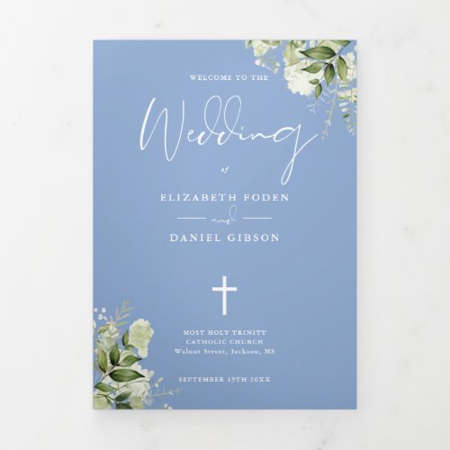 Greenery Floral Blue Catholic Wedding Mass Tri_Fold Program