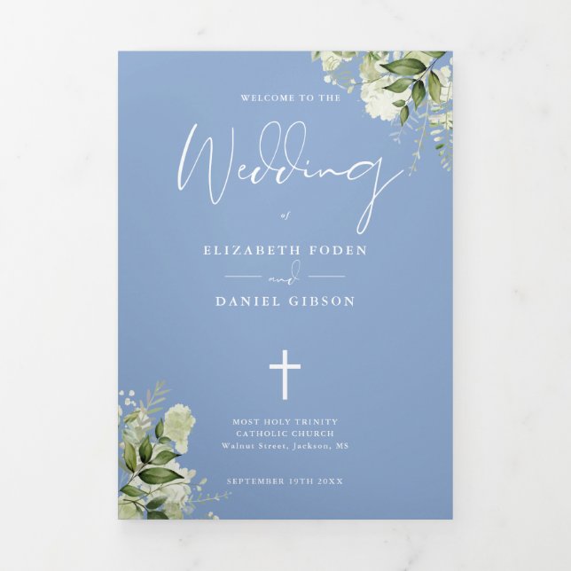 Greenery Floral Blue Catholic Wedding Mass Tri-Fold Program (Cover)