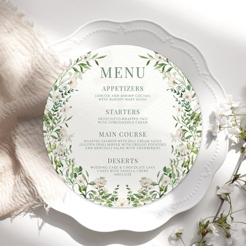 Greenery floral boho round wedding Menu Card Plate