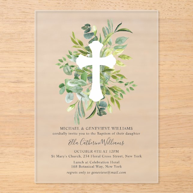 Greenery Floral Botanical Cross Baptism Acrylic Invitations (Front)