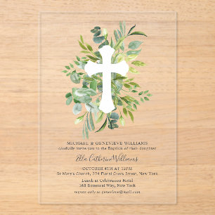 Greenery Floral Botanical Cross Baptism Acrylic Invitations
