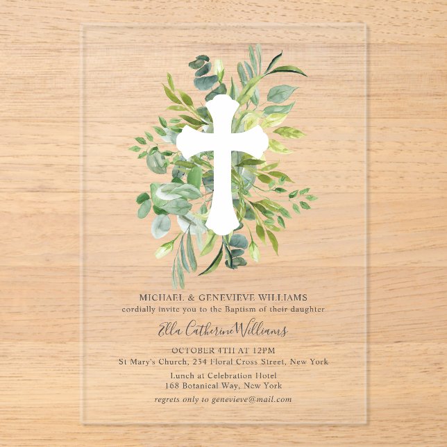 Greenery Floral Botanical Cross Baptism Acrylic Invitations (Front)