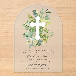 Greenery Floral Botanical Cross Baptism Acrylic Invitations