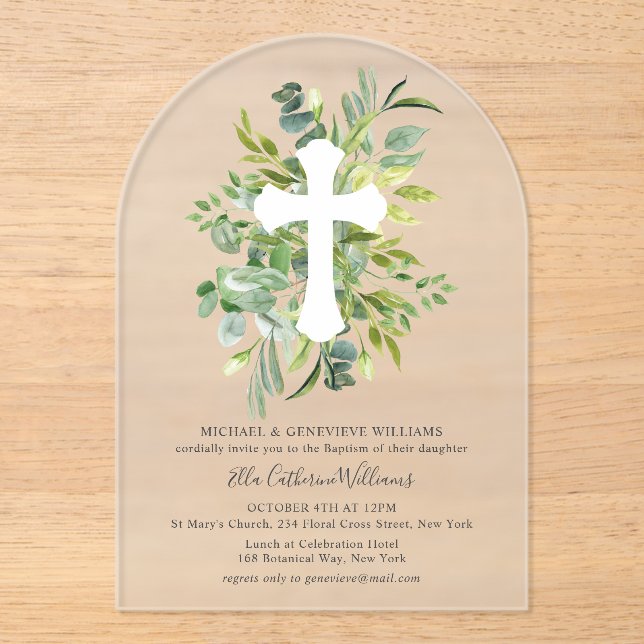 Greenery Floral Botanical Cross Baptism Acrylic Invitations (Front)