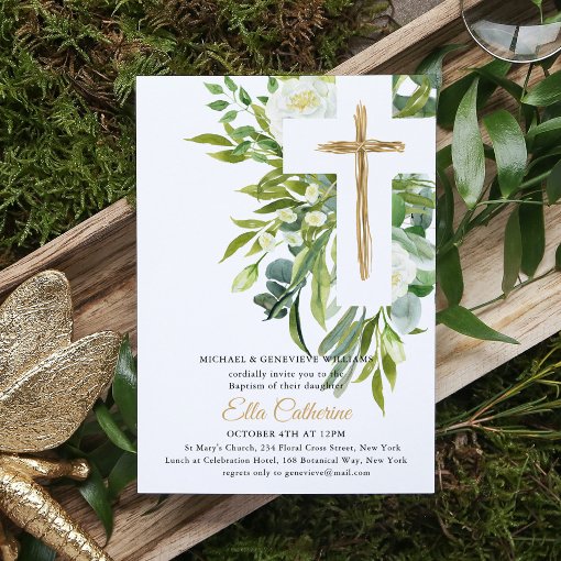 Greenery Floral Botanical Cross Elegant Baptism Invitation | Zazzle