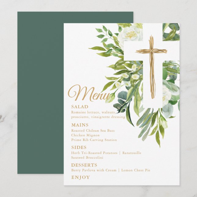 Greenery Floral Botanical Cross Elegant Baptism Menu (Front/Back)