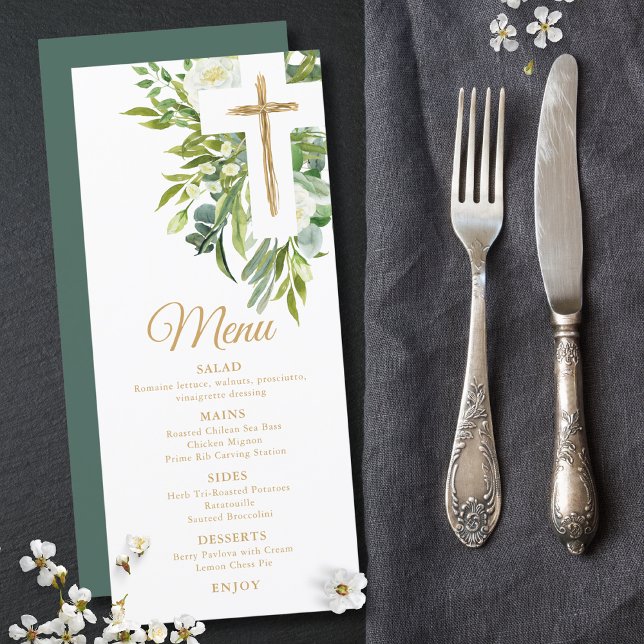 Greenery Floral Botanical Cross Elegant Baptism Menu (Creator Uploaded)