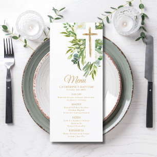 Greenery Floral Botanical Cross Elegant Baptism Menu