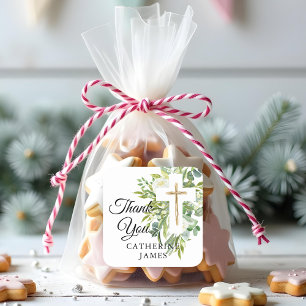 Greenery Floral Botanical Cross Elegant Baptism Square Sticker