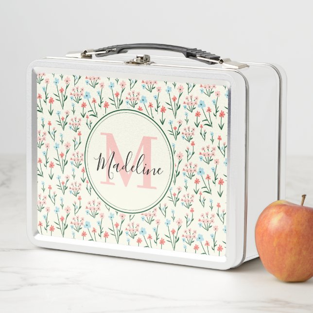 Greenery Floral Botanical Flowers Pink Monogram Metal Lunch Box (In Situ)