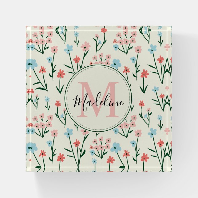 Greenery Floral Botanical Flowers Pink Monogram Paperweight (Front)