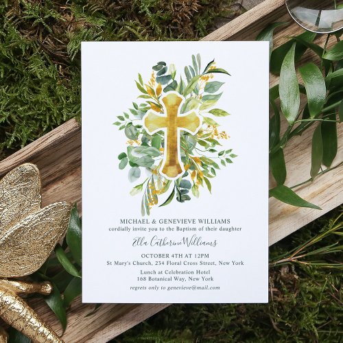 Greenery Floral Botanical Gold Cross Baptism Invitation