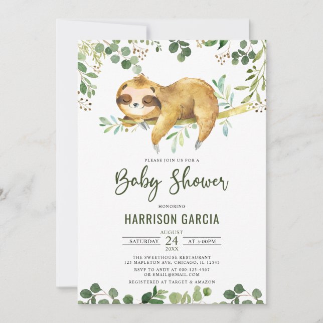 Greenery Floral Boy Cute Sloth Baby Shower Invitation (Front)