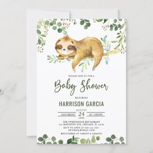 Greenery Floral Boy Cute Sloth Baby Shower Invitation