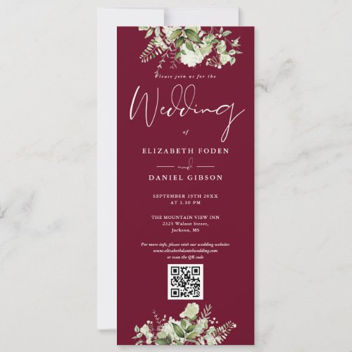 Greenery Floral Burgundy QR Code Wedding Invitation