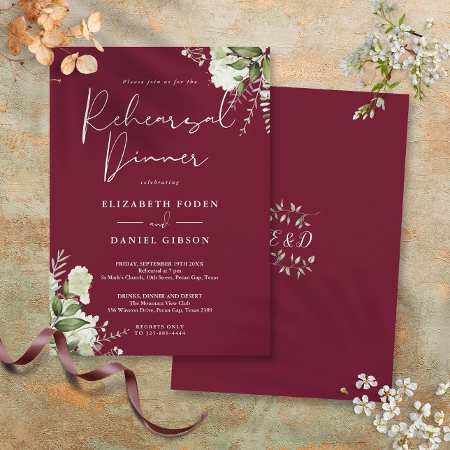 Greenery Floral Burgundy Rehearsal Dinner Invitation (Greenery Floral Burgundy Rehearsal Dinner Invitation)