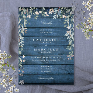Greenery Floral Cascade Rustic Blue Wood Wedding Invitation