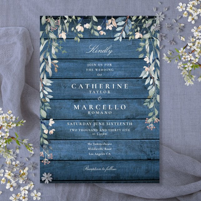 Greenery Floral Cascade Rustic Blue Wood Wedding Invitation (Greenery Floral Cascade Rustic Blue Wood Wedding Invitation)