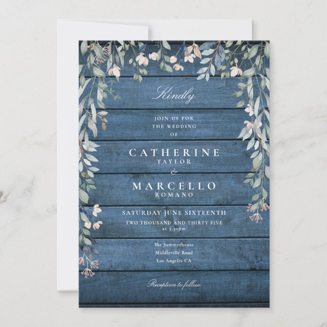Greenery Floral Cascade Rustic Blue Wood Wedding Invitation (Front)