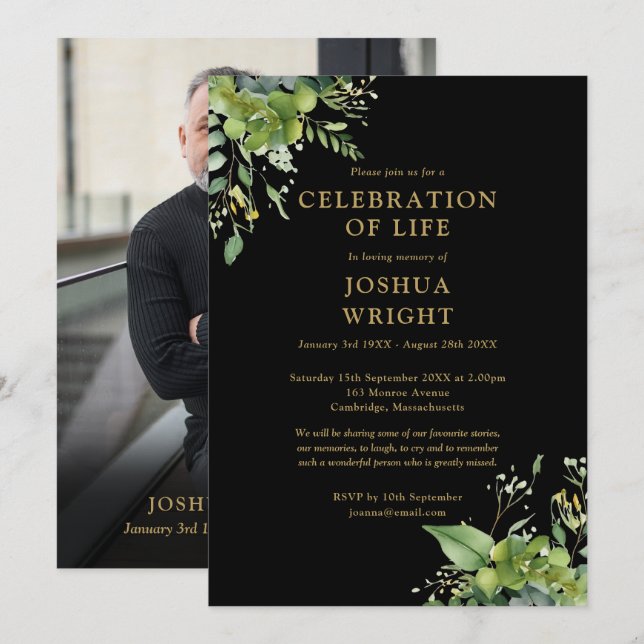 Greenery Floral Celebration Of Life Funeral Photo Invitation (Front/Back)