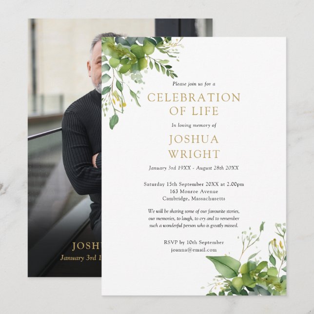 Greenery Floral Celebration Of Life Funeral Photo Invitation (Front/Back)