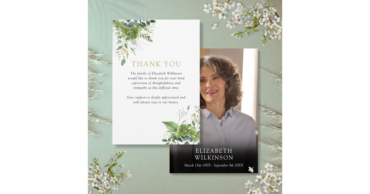 Greenery Floral Celebration Of Life Funeral Photo Thank You Card | Zazzle