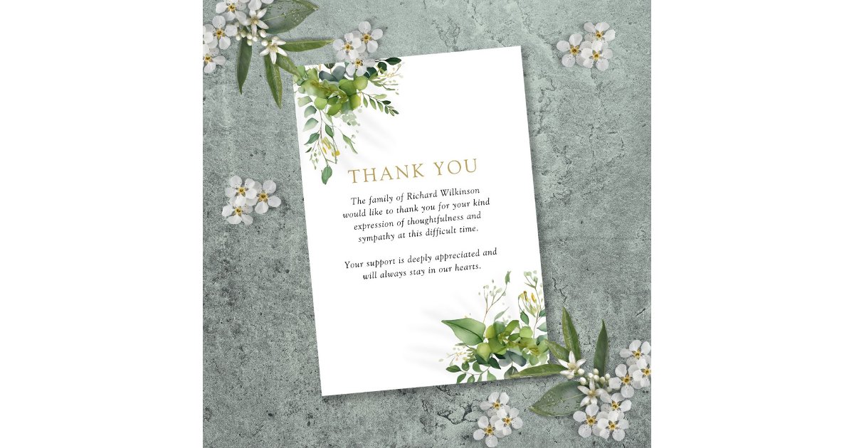 Greenery Floral Celebration Of Life Funeral Thank You Card | Zazzle