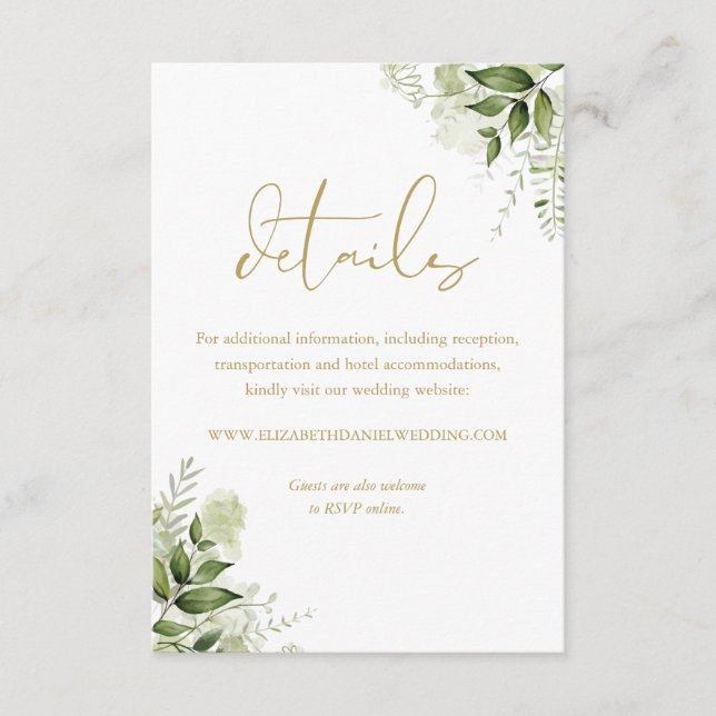 Greenery Floral Chic Gold Script Wedding Details Enclosure Card (Front)