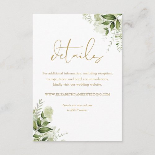 Greenery Floral Chic Gold Script Wedding Details Enclosure Card