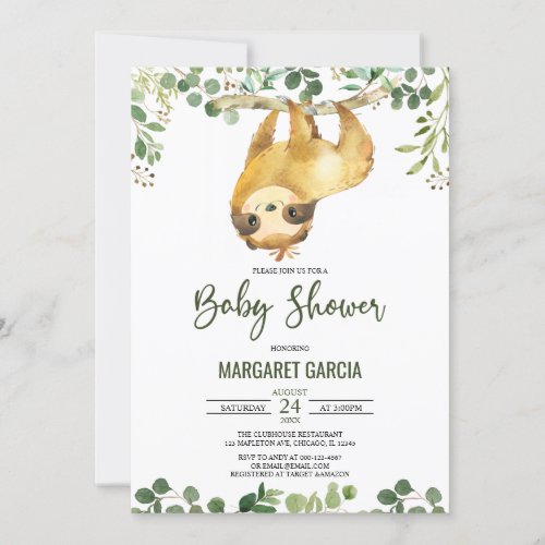 Greenery Floral Cute Sloth Baby Shower Invitation