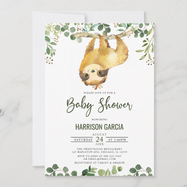 Greenery Floral Cute Sloth Baby Shower Invitation (Front)
