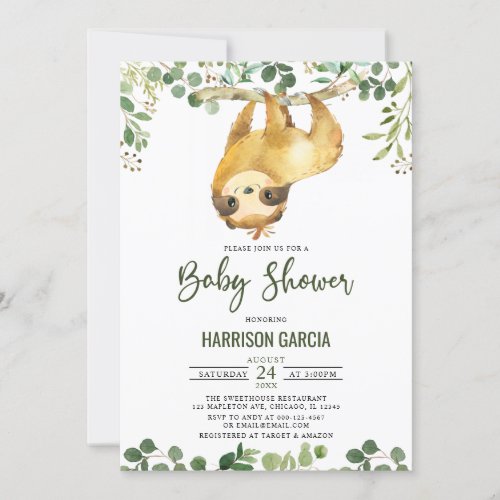 Greenery Floral Cute Sloth Baby Shower Invitation