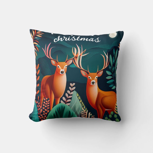 greenery Floral Deer Antlers Christmas Holiday Throw Pillow (Front)